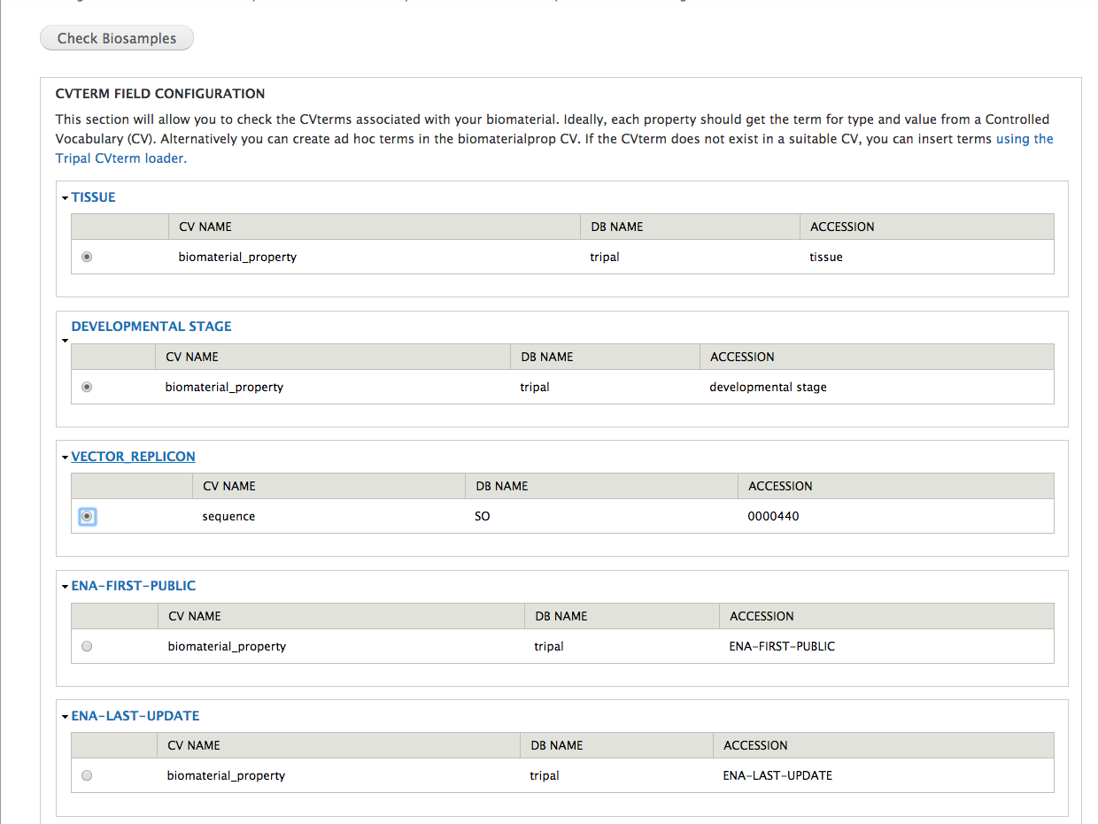 The Biosample property configuration tool