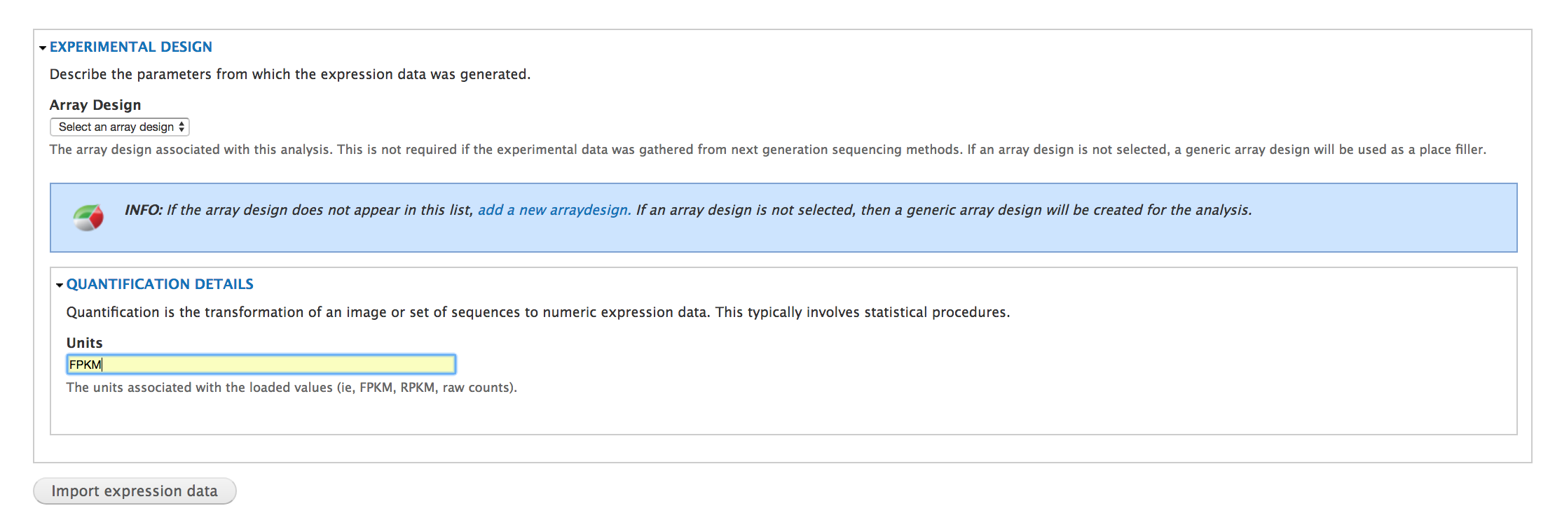 experimental design portion of expression loader