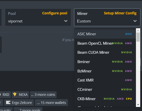 Select custom miner