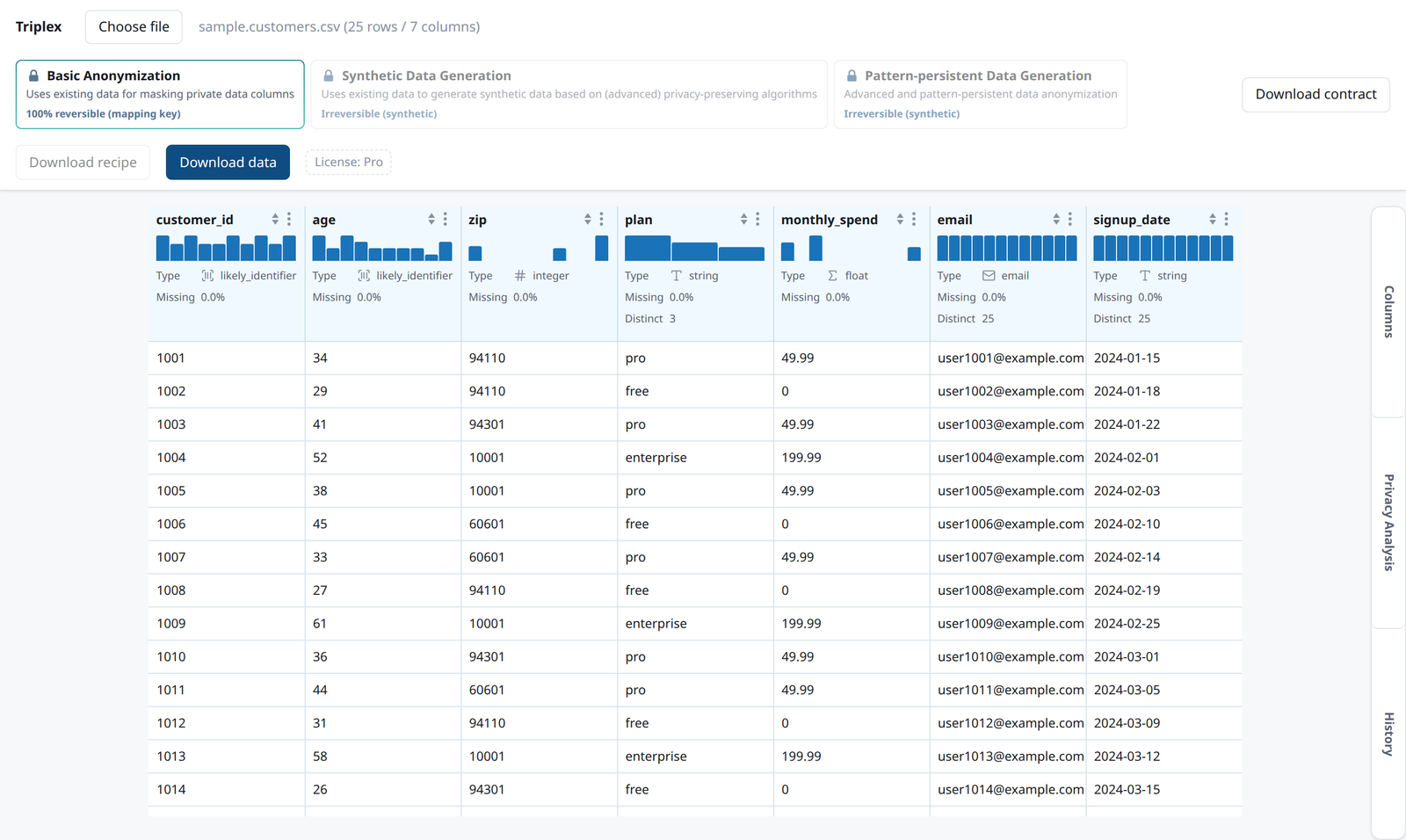 The Triplex web UI showing a loaded table