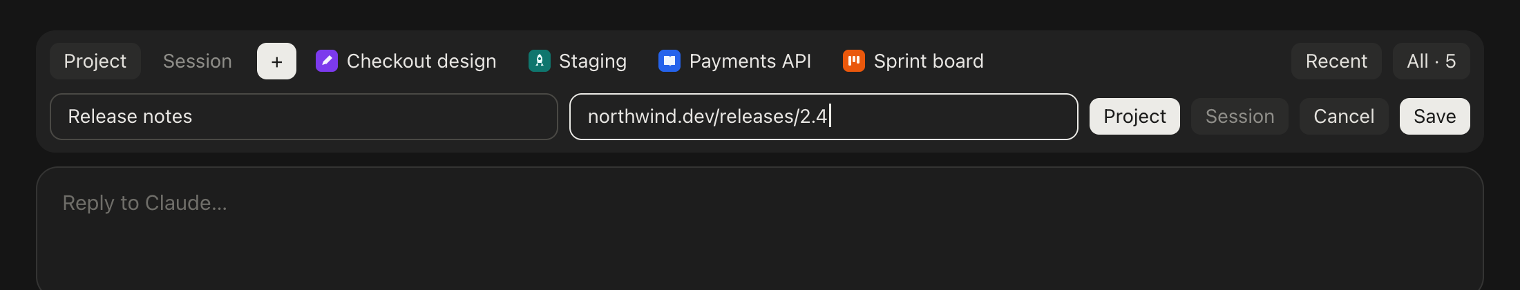 The + form: name, link, Project / Session, Cancel, Save