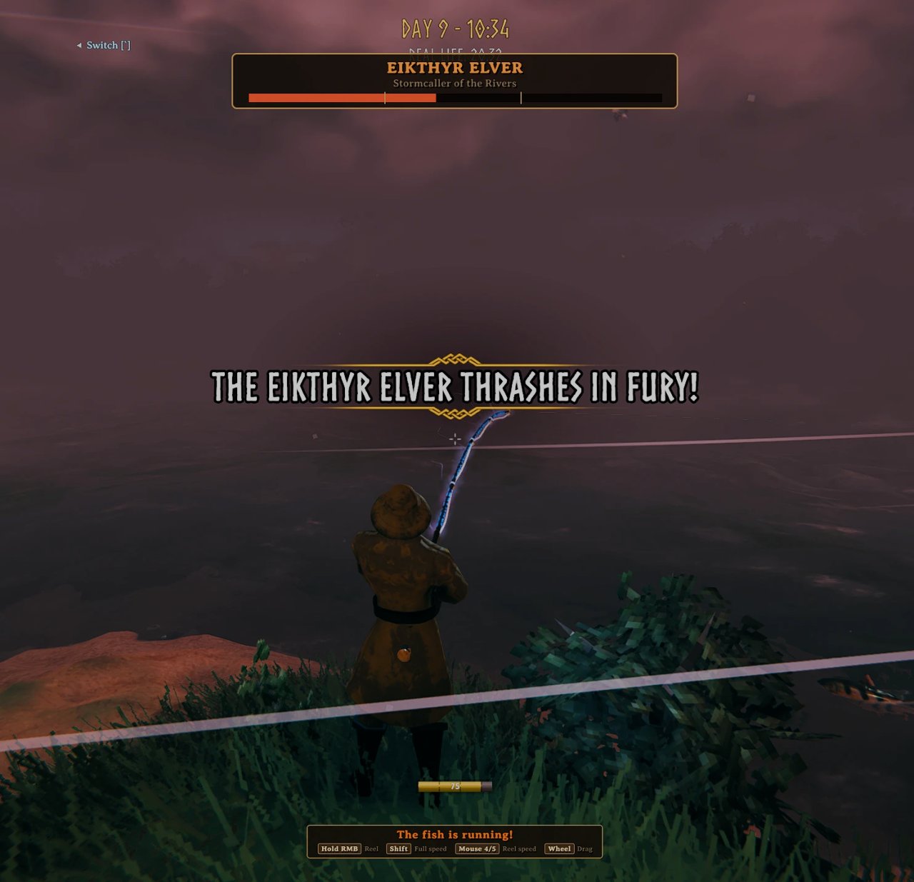 Fighting the Eikthyr Elver, with its health bar and phases