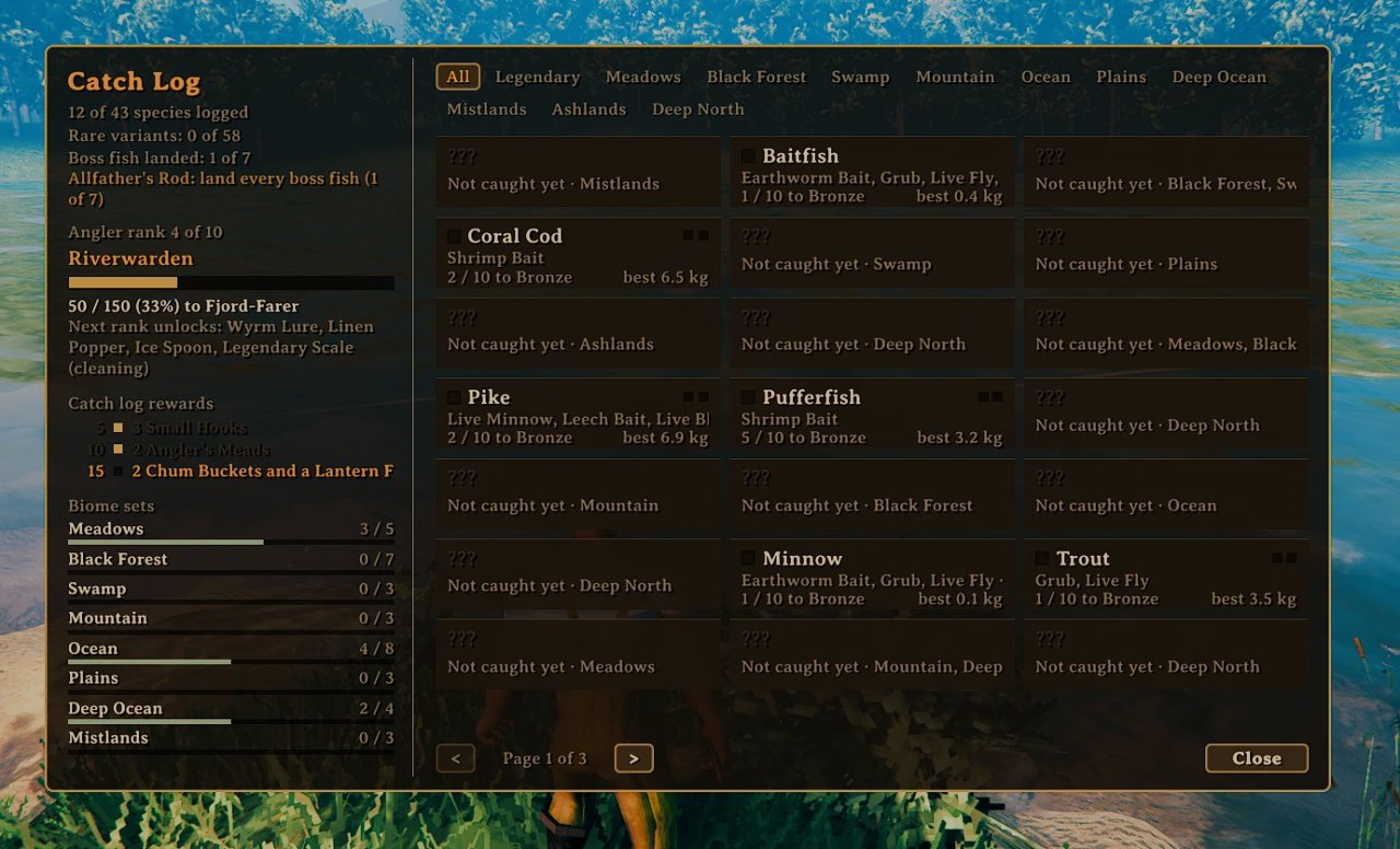 The catch log: species, rank, rewards and biome sets