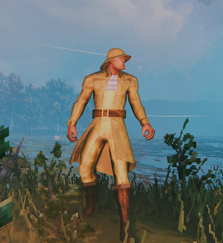 The Oilskin Coat with its belt and cuffs, over the striped shirt, with the Sou'wester