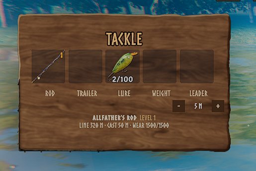 The tackle panel: rod, bait, hook, weight and leader slots