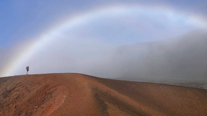 Rainbow over the Piton de la Fournaise volcano