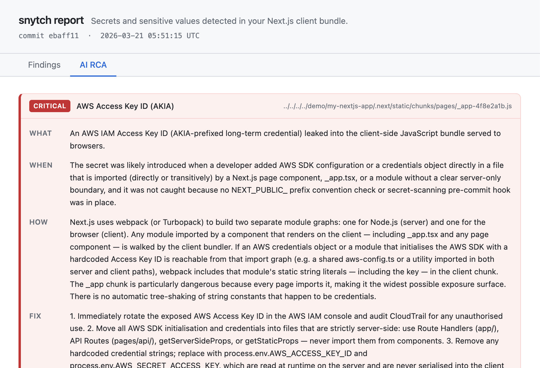 Next.js AI root cause analysis: Claude or GPT-4o explains what leaked, when it was introduced, how it ended up in the bundle, and how to fix it, with a before/after code example and editor prompts
