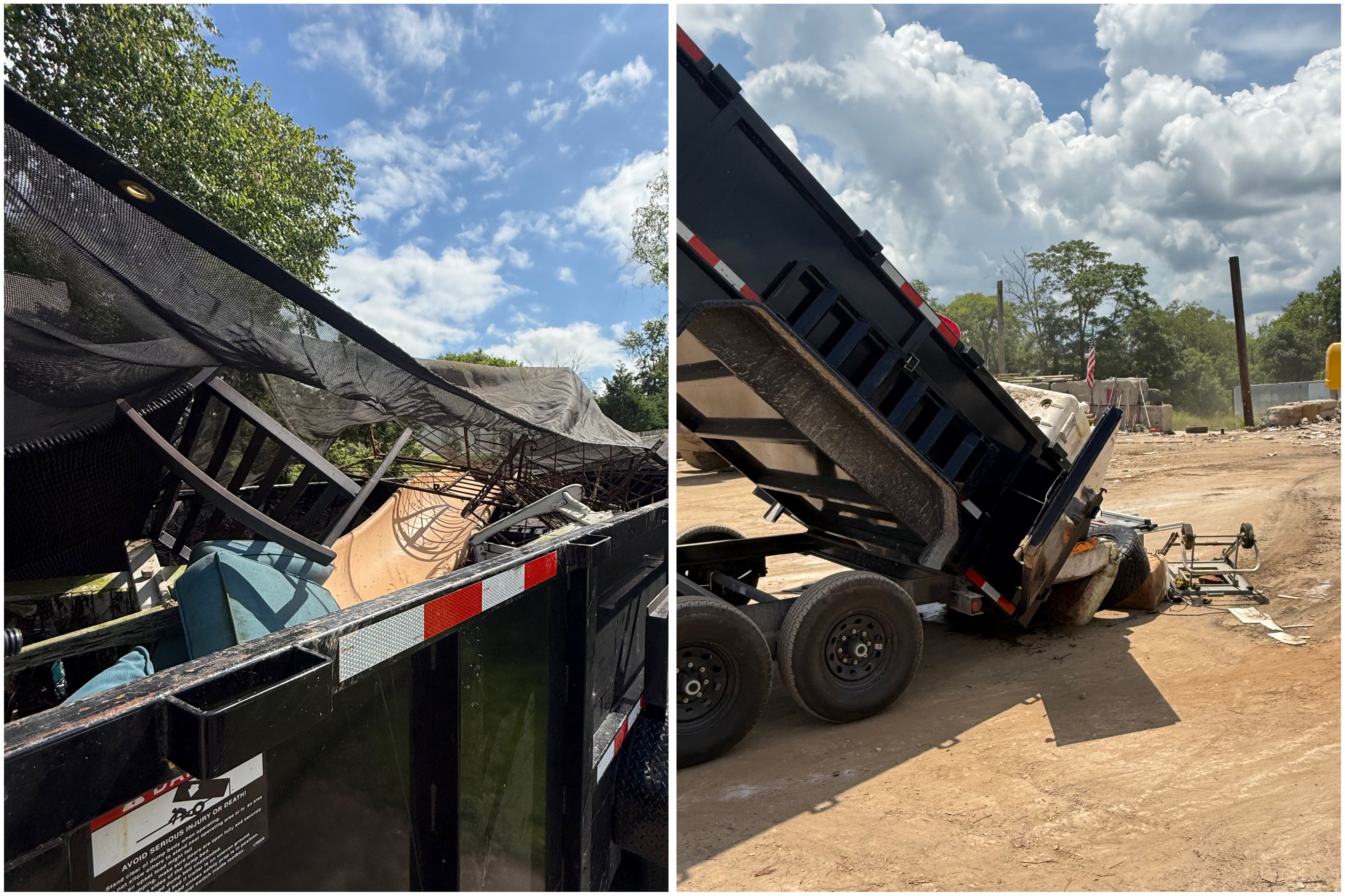 Before and after junk removal service showing large dumpster filled with debris and then completely empty