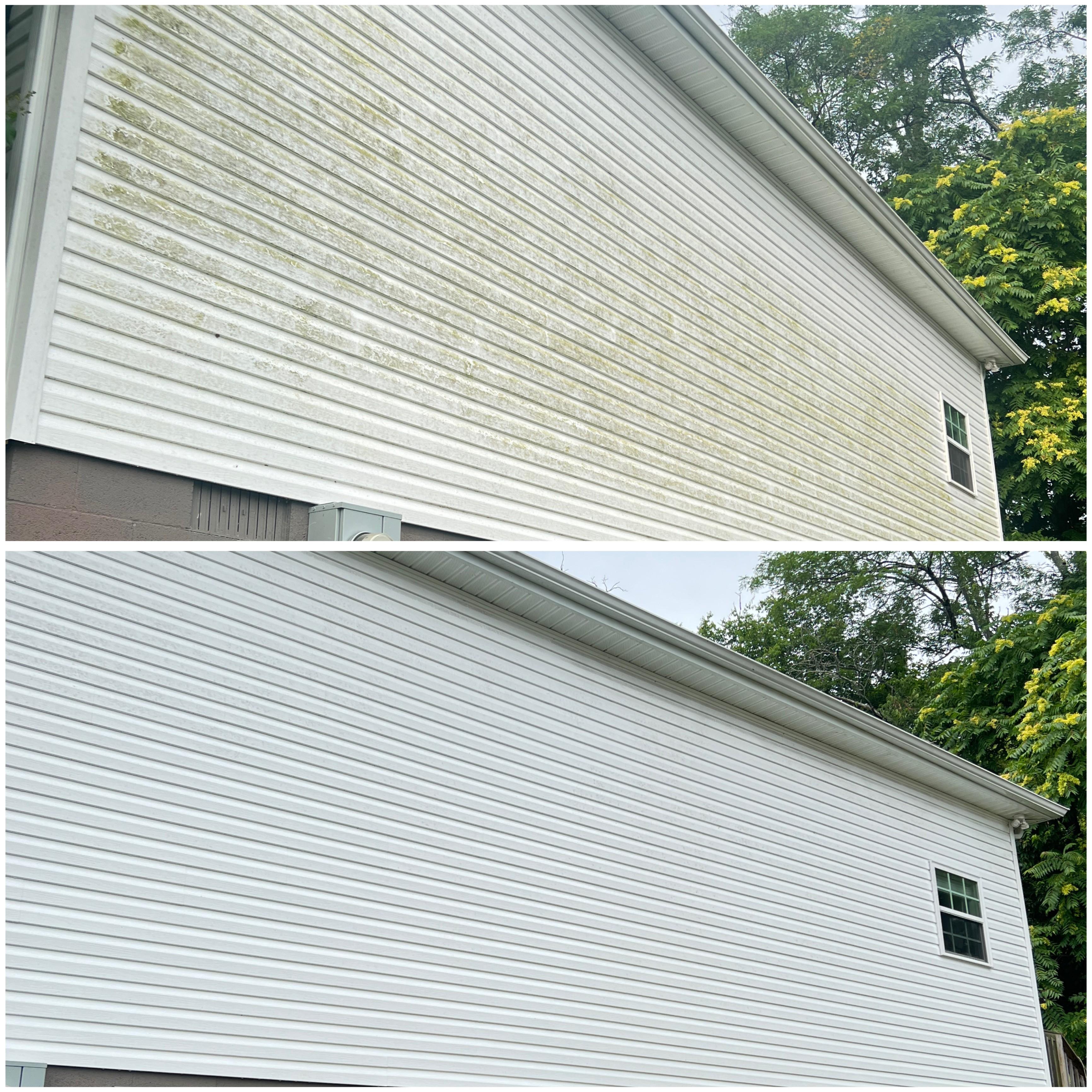 Before and after pressure washing service showing dramatic improvement