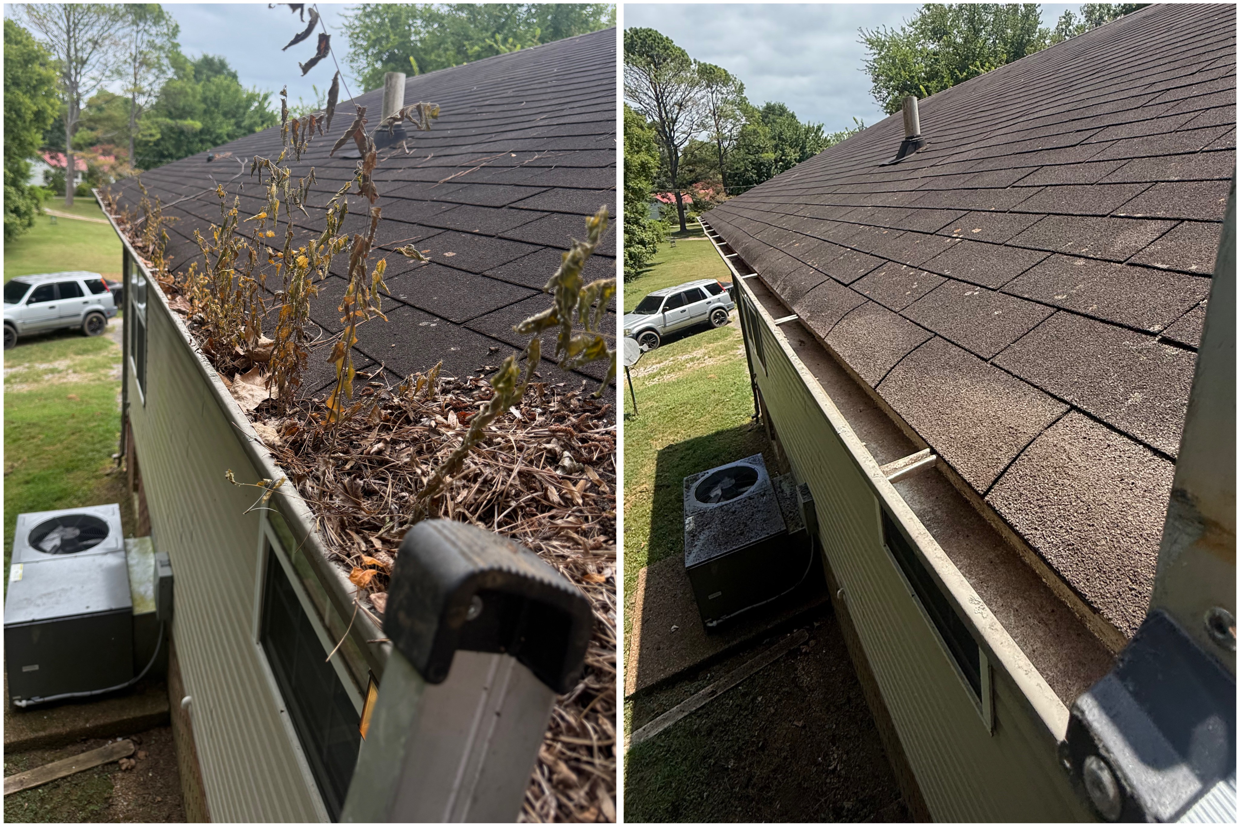 Before and after gutter cleaning service showing dramatic debris removal by HB Lawncare