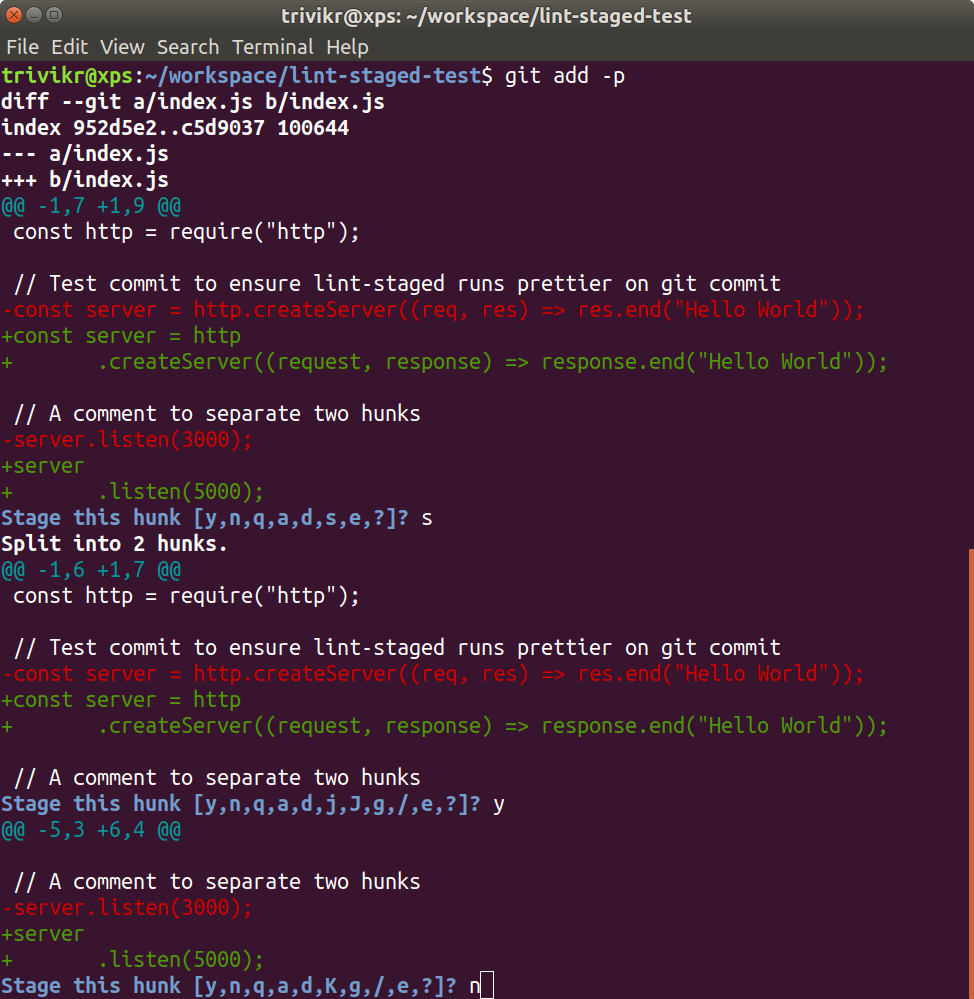 git add -p split hunks