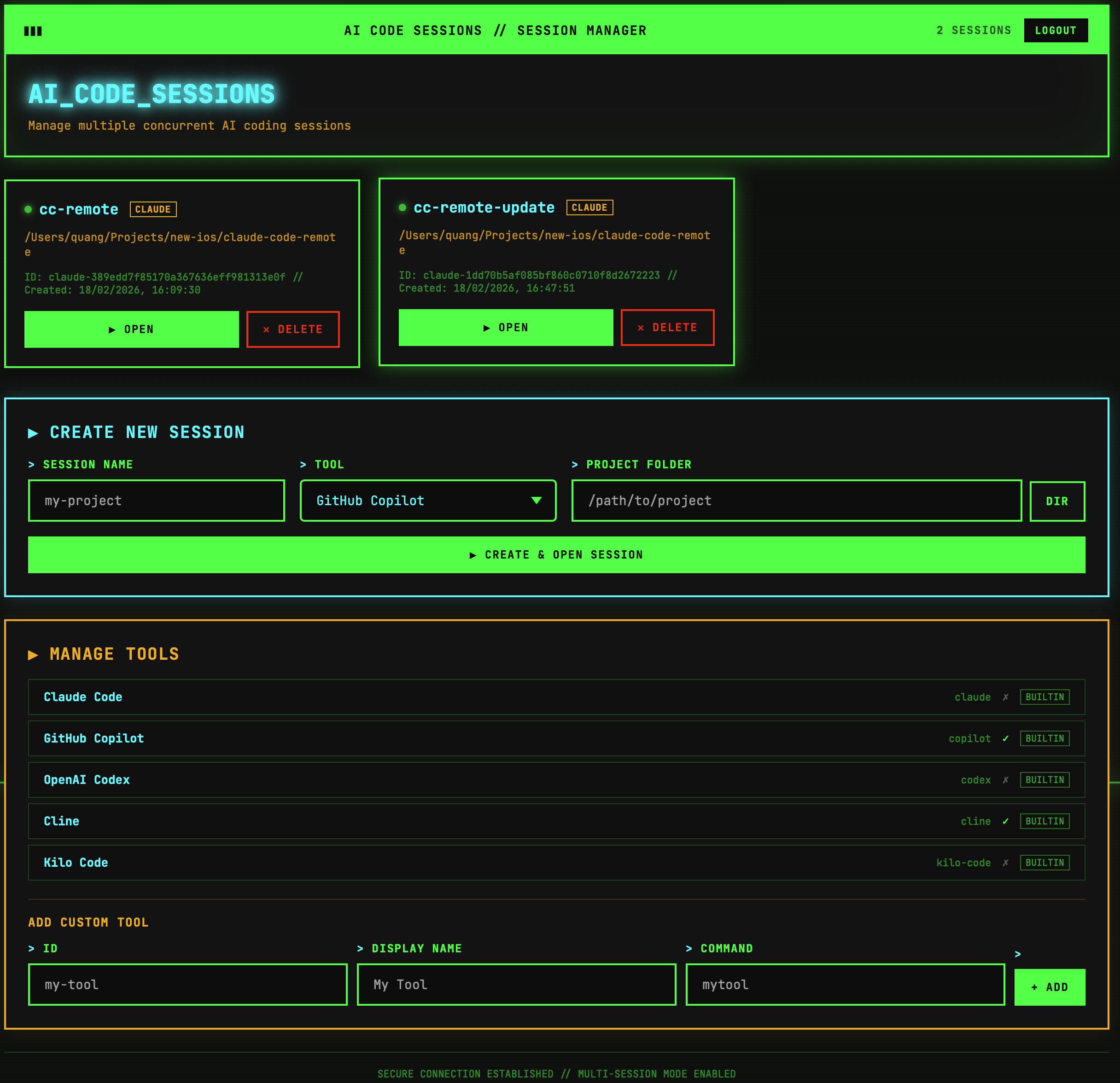 remotelab dashboard — multi-tool session manager