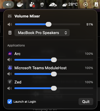 Swara menu-bar popover showing master volume, output device, and per-app sliders for Arc, Microsoft Teams, and Zed