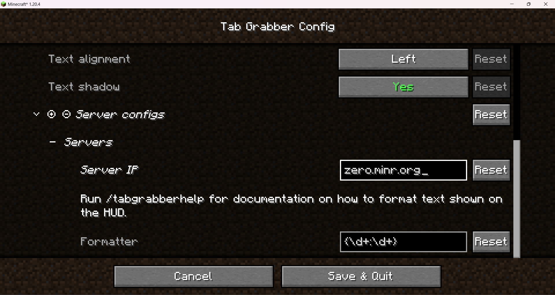 screenshot of server config