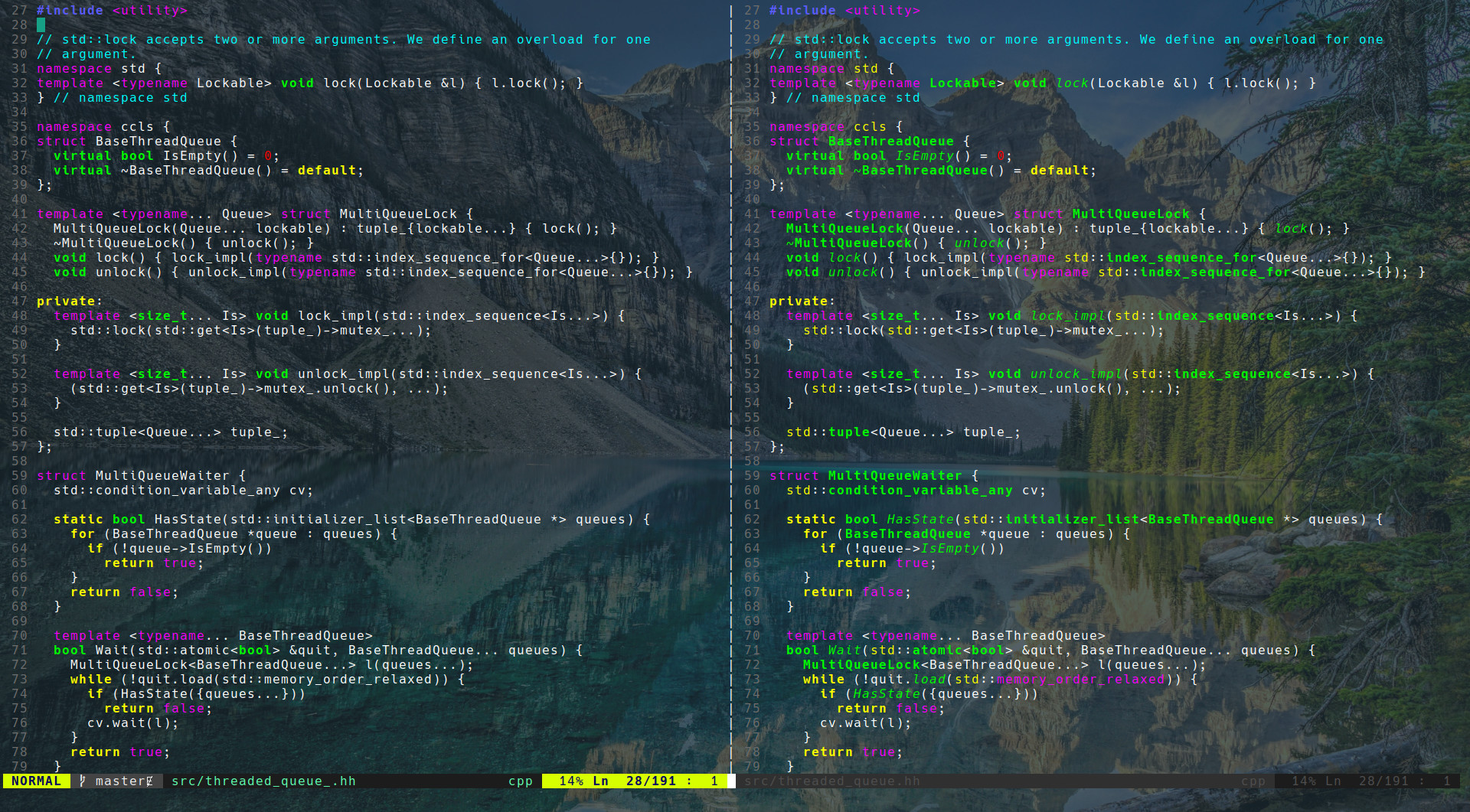 Left: No Plugin, Right: vim-lsp-cxx-highlight + ccls