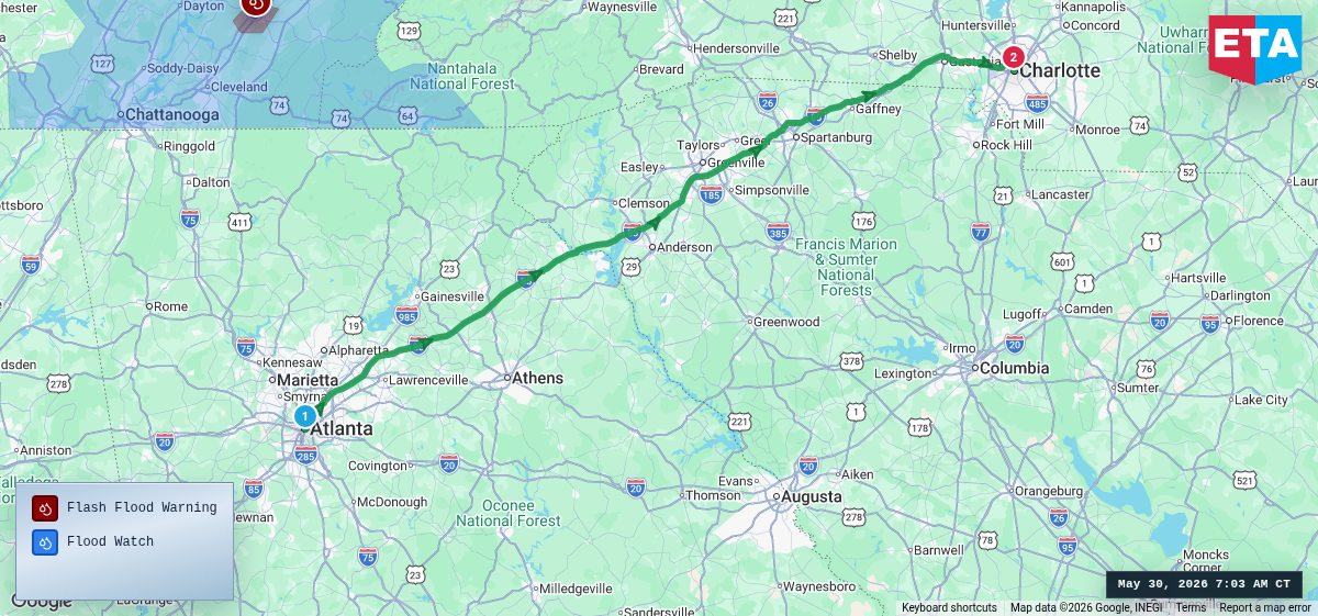 Route map for Atlanta, GA → Charlotte, NC