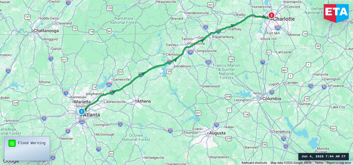 Route map for Atlanta, GA → Charlotte, NC