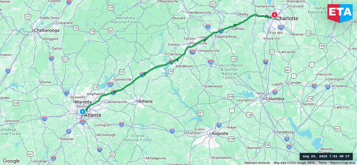 Route map for Atlanta, GA → Charlotte, NC