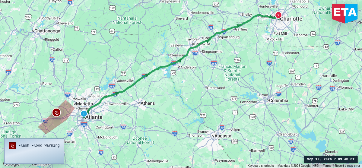 Route map for Atlanta, GA → Charlotte, NC