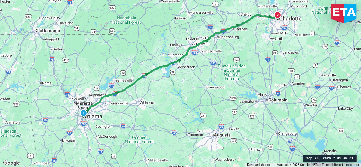 Route map for Atlanta, GA → Charlotte, NC