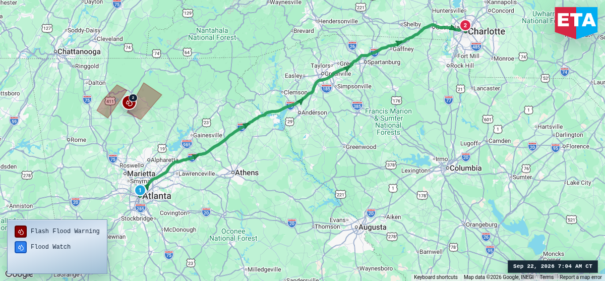 Route map for Atlanta, GA → Charlotte, NC