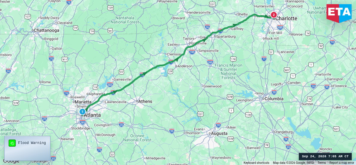 Route map for Atlanta, GA → Charlotte, NC
