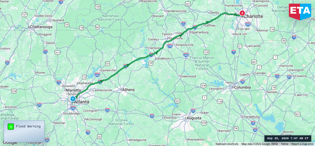 Route map for Atlanta, GA → Charlotte, NC