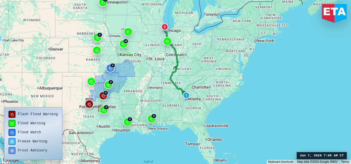 Route map for Atlanta, GA → Chicago, IL