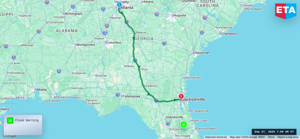 Route map for Atlanta, GA → Jacksonville, FL