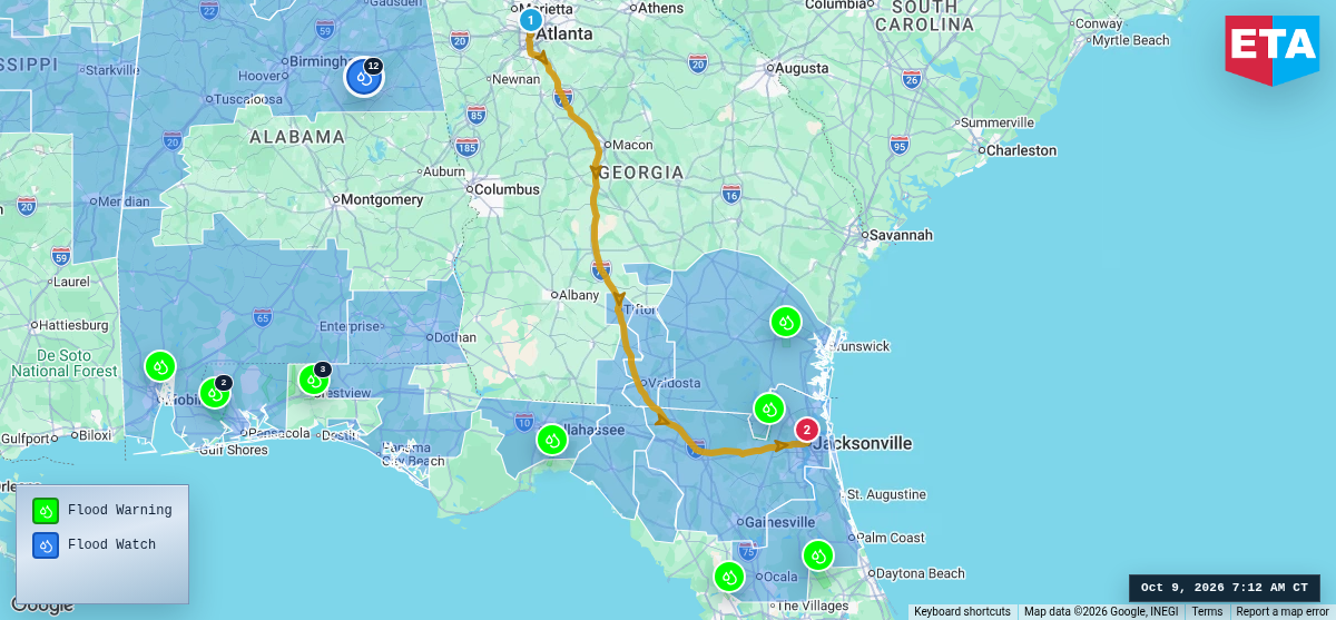 Route map for Atlanta, GA → Jacksonville, FL