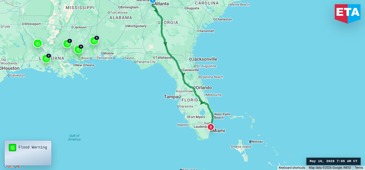 Route map for Atlanta, GA → Miami, FL