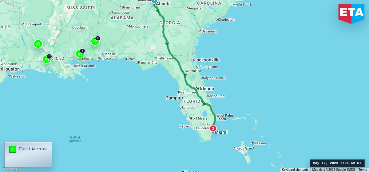 Route map for Atlanta, GA → Miami, FL