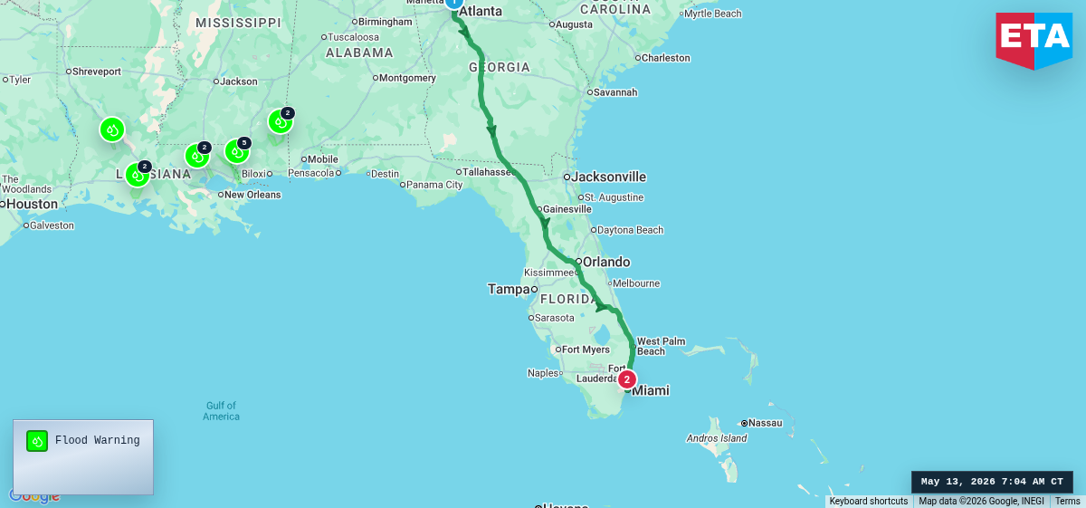 Route map for Atlanta, GA → Miami, FL