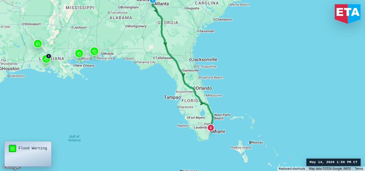 Route map for Atlanta, GA → Miami, FL