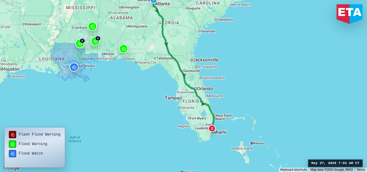 Route map for Atlanta, GA → Miami, FL