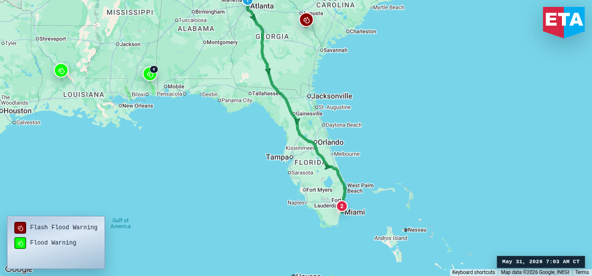 Route map for Atlanta, GA → Miami, FL