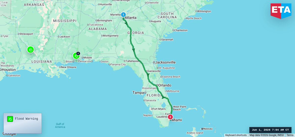 Route map for Atlanta, GA → Miami, FL
