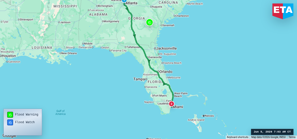 Route map for Atlanta, GA → Miami, FL
