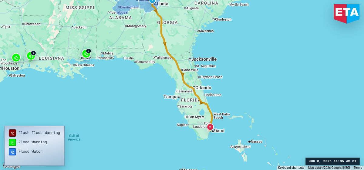 Route map for Atlanta, GA → Miami, FL