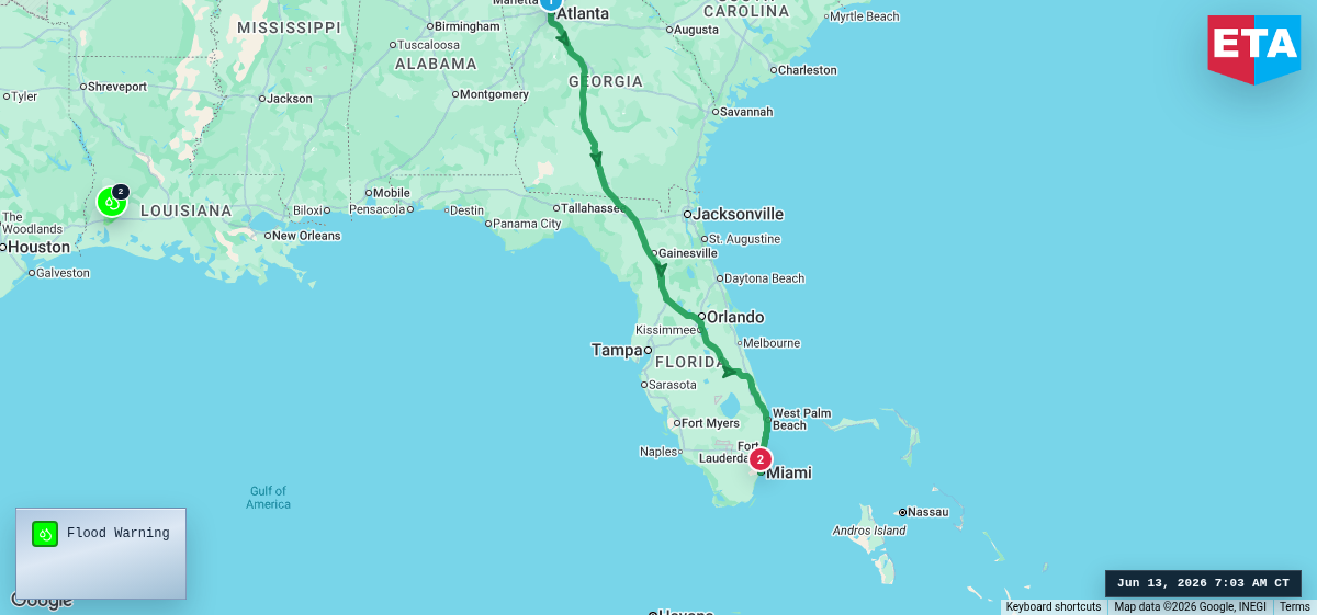 Route map for Atlanta, GA → Miami, FL