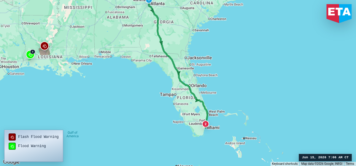 Route map for Atlanta, GA → Miami, FL