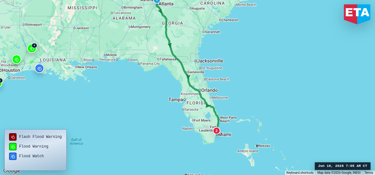 Route map for Atlanta, GA → Miami, FL