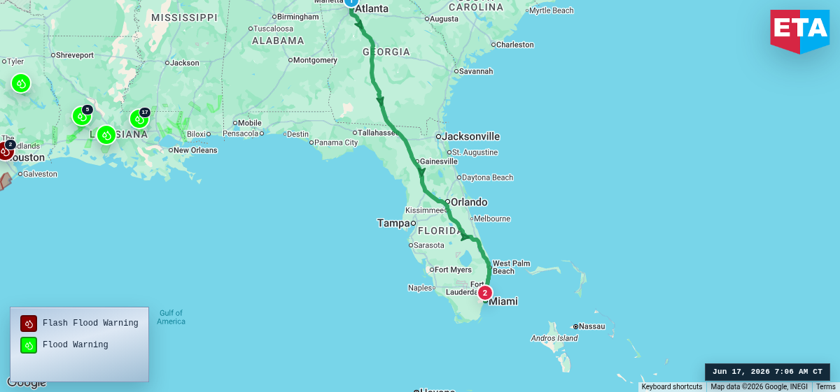 Route map for Atlanta, GA → Miami, FL