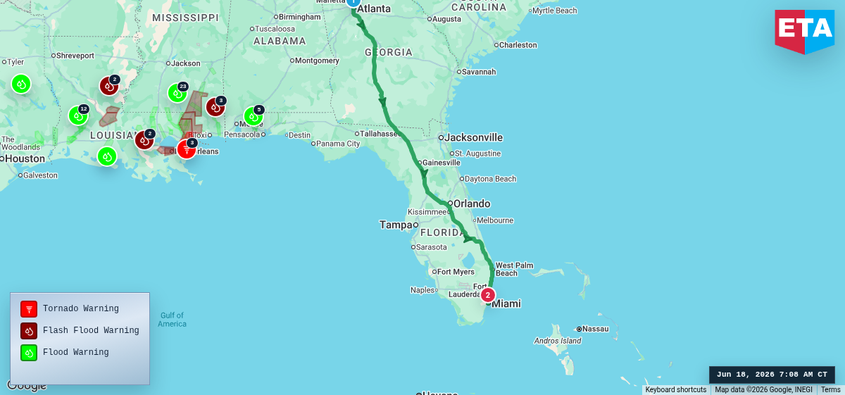 Route map for Atlanta, GA → Miami, FL