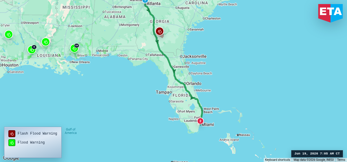 Route map for Atlanta, GA → Miami, FL