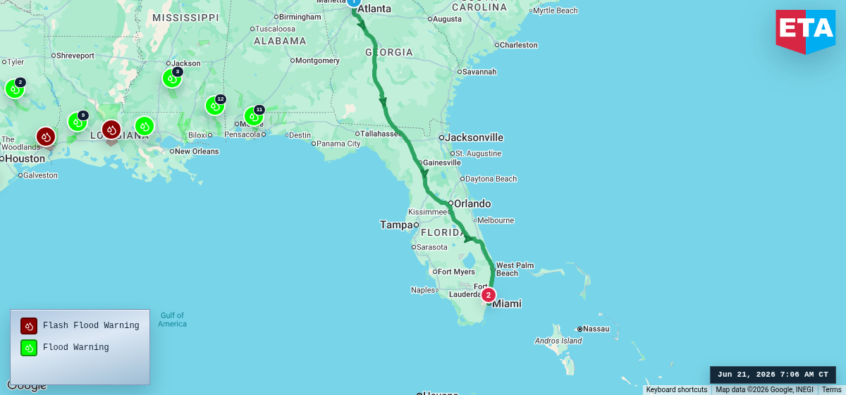 Route map for Atlanta, GA → Miami, FL