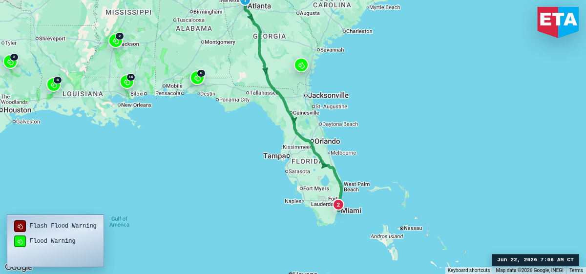 Route map for Atlanta, GA → Miami, FL