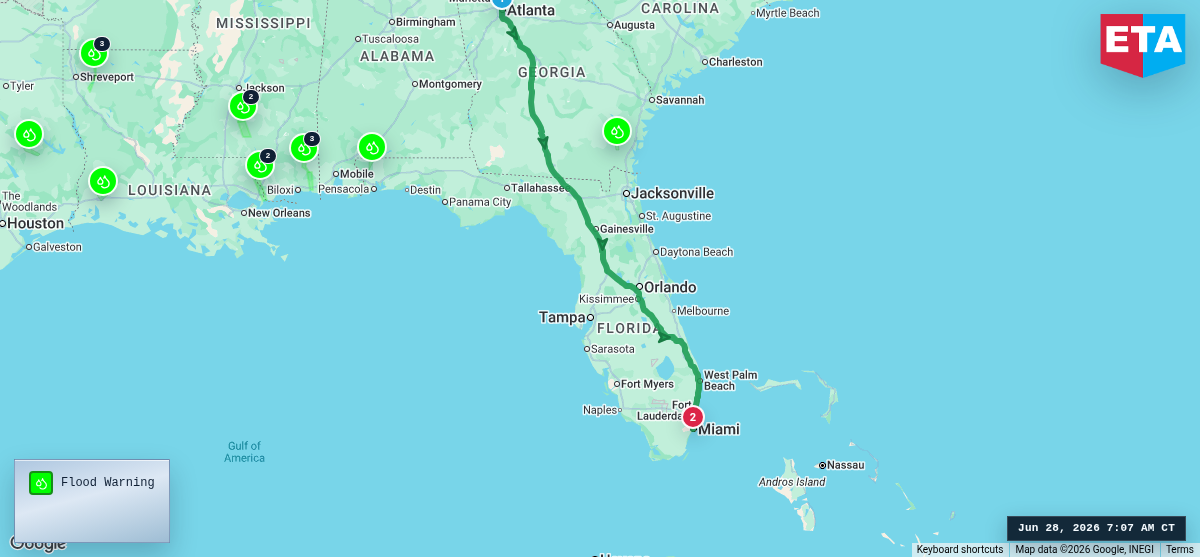Route map for Atlanta, GA → Miami, FL