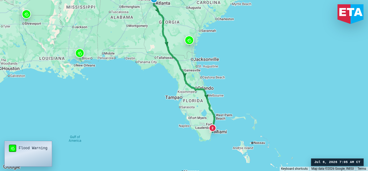 Route map for Atlanta, GA → Miami, FL