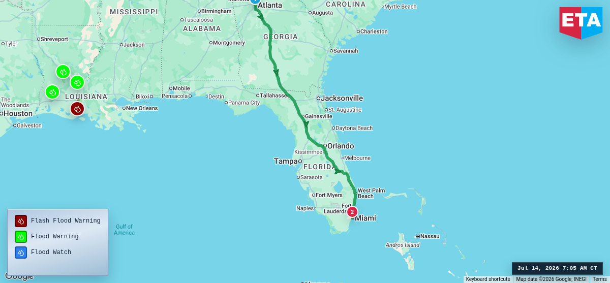 Route map for Atlanta, GA → Miami, FL